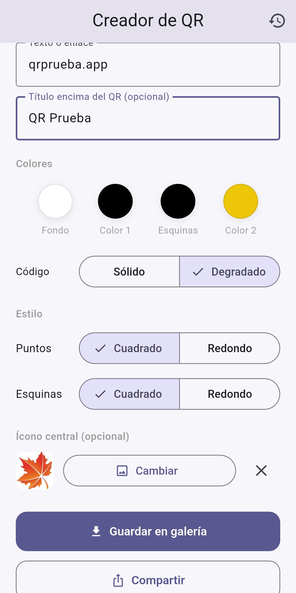 Pantalla de generación de QR con selección de colores